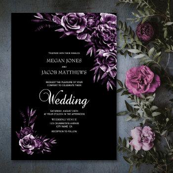 moody black and purple floral wedding invitation