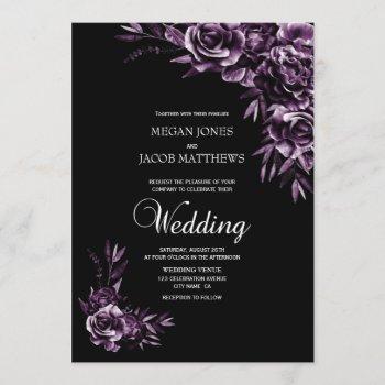 moody black and purple floral wedding invitation