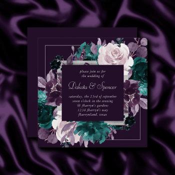moody boho | dark eggplant purple and teal wreath invitation