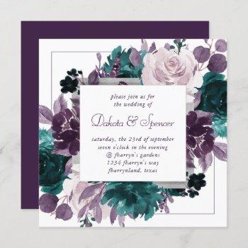 moody boho | eggplant purple floral silver frame invitation