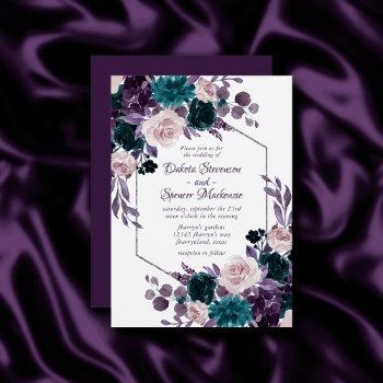 moody boho | eggplant purple silver frame bouquet invitation