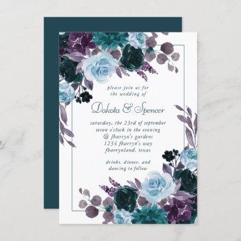 moody boho | teal dark floral silver frame wedding invitation