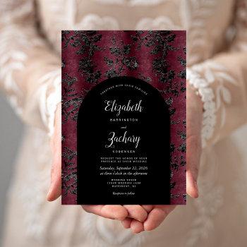 moody burgundy black damask arch dark wedding invitation