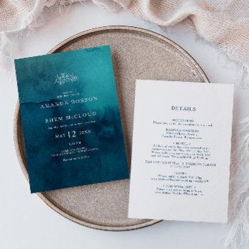 moody ocean watercolor all in one wedding invitation