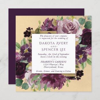 moody passion | dramatic purple floral gold wreath invitation