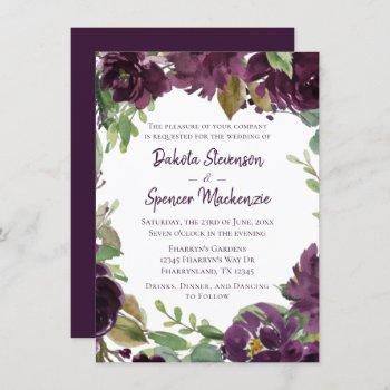 moody passion | purple floral wreath wedding invitation