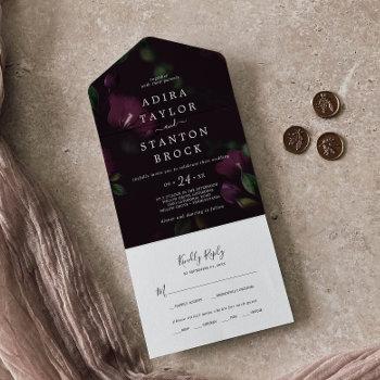 moody purple blooms | black pattern wedding all in one invitation