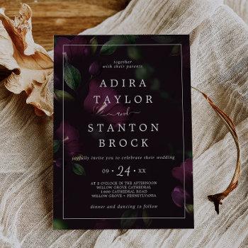 moody purple blooms | black pattern wedding invitation