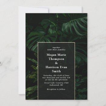 moody tropical monstera wedding invitation
