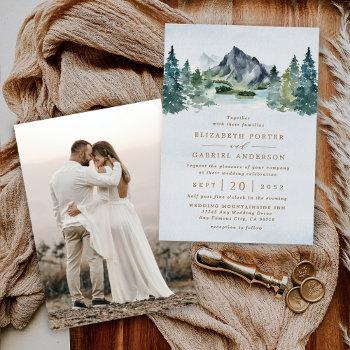 mountain elegant rustic wedding photo real gold foil invitation