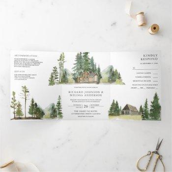 mountain forest lodge log cabin all in one wedding tri-fold invitation