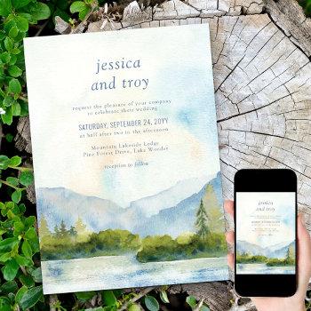 mountain lake watercolor destination wedding invitation