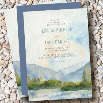 mountain lake watercolor pine tree wedding invitation