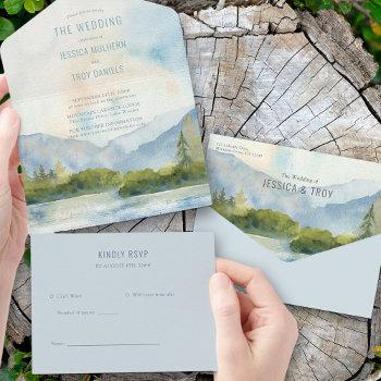 mountain lake watercolor wedding all in one invitation