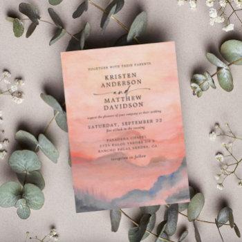 mountain rustic sunset watercolor coral wedding invitation