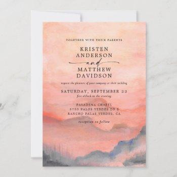 mountain rustic sunset watercolor coral wedding invitation