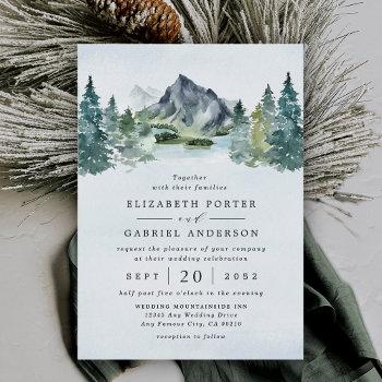 mountain watercolor evergreen rustic tree wedding invitation