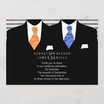mr and mr suit and tie (orange / blue) gay wedding invitation