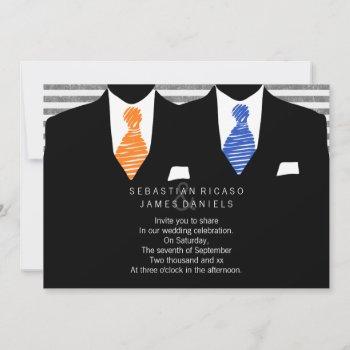Small Mr And Mr Suit And Tie (orange / Blue) Gay Wedding Front View