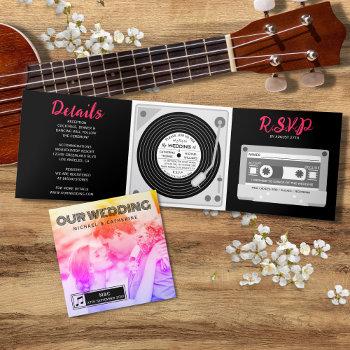 music vinyl record dj turn table cassette wedding  tri-fold invitation
