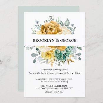 mustard yellow floral sage greenery modern wedding invitation