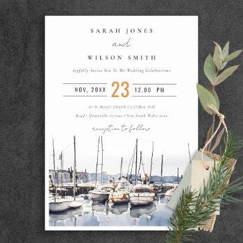 muted coastal boats at harbor seascape wedding invitation