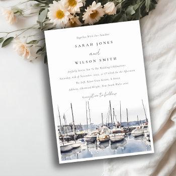 muted coastal boats at harbor seascape wedding invitation