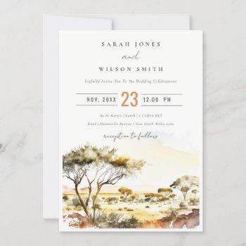 muted earthy watercolor african landscape wedding invitation
