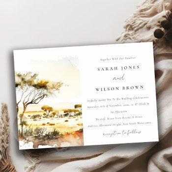 muted earthy watercolor african landscape wedding invitation