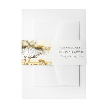 muted earthy watercolor african landscape wedding invitation belly band
