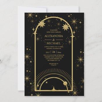 mystical black gold celestial stars wedding  invitation