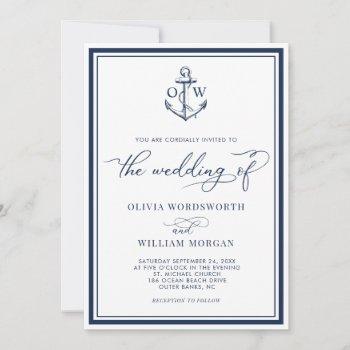 nautical anchor monogram frame navy wedding invitation