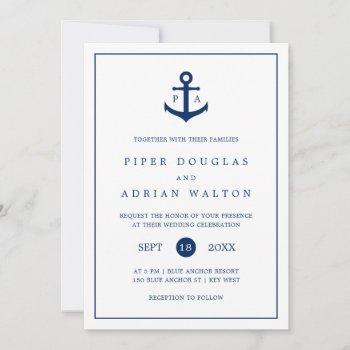 nautical anchor navy blue monogram wedding invitation