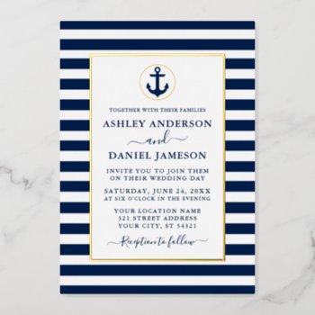 nautical anchor navy blue stripes wedding gold foil invitation
