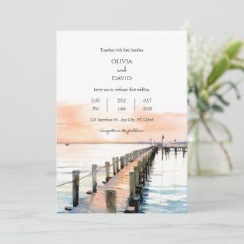 nautical beachside orange sky sunset pier wedding invitation