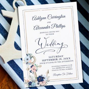 nautical elegant floral anchor navy gold wedding invitation