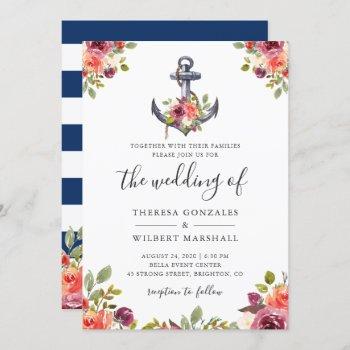 nautical floral anchor navy blue stripes wedding invitation
