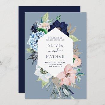 nautical flowers navy blue and blush pink wedding invitation