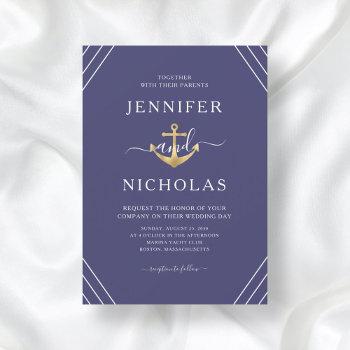 nautical gold anchor stripes navy blue wedding invitation