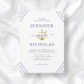 nautical gold anchor stripes white wedding  invitation