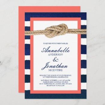 nautical knot coral & navy stripes wedding invitation