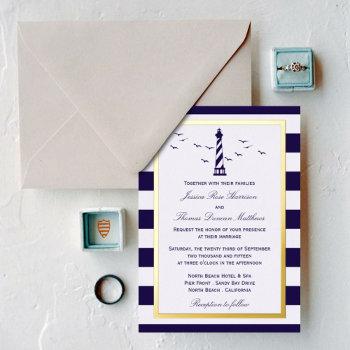 nautical lighthouse navy stripe wedding real foil invitation
