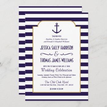 nautical navy & white stripe anchor wedding invitation