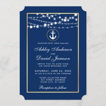 nautical wedding blue gold string lights invite