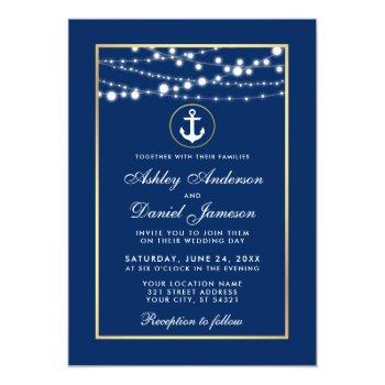 Small Nautical Wedding Blue Gold String Lights Invite Front View