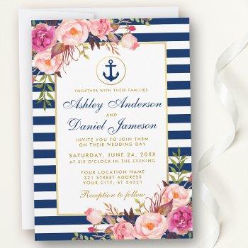 Small Nautical Wedding Blue Stripes Pink Floral Invite Front View