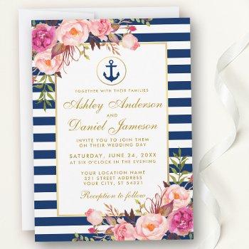 Small Nautical Wedding Blue Stripes Pink Floral Invite G Front View
