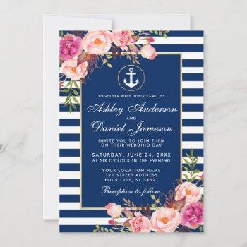 Small Nautical Wedding Blue Stripes Pink Floral Invite W Front View
