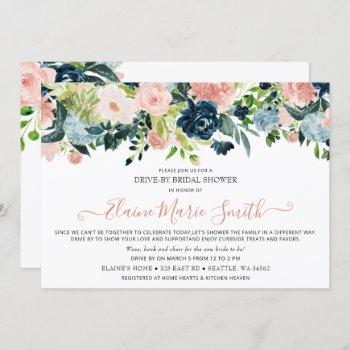 navy and blush floral drive thru bridal shower invitation