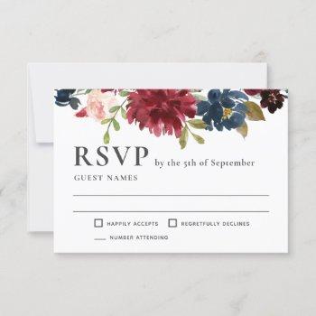 Small Navy And Burgundy Elegant Floral Wedding Rsvp Front View